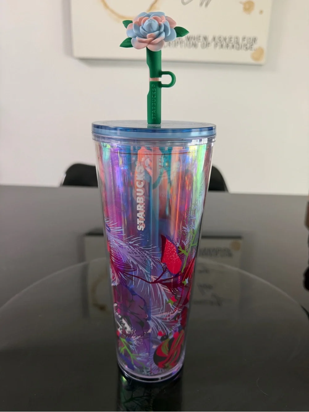 NWT Starbucks Venti Iridescent Floral Cold Cup with Flower Topper